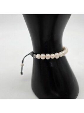 Freshwater Pearl & Sterling Beads Adjustable Macrame Bracelet With Gray Cord
